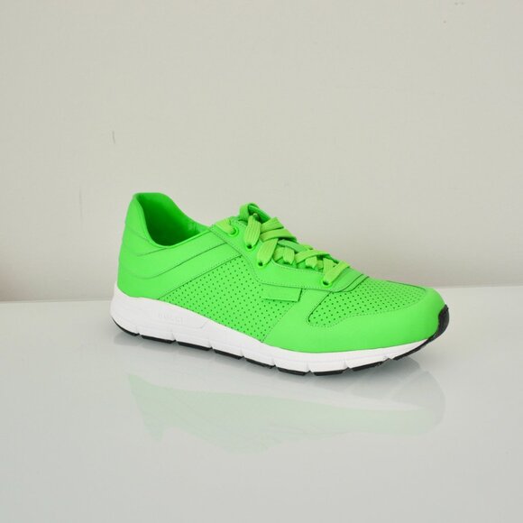 NIB GUCCI LEATHER NEON GREEN TENNIS MENS LOW TOP SNEAKERS - Picture 1 of 11